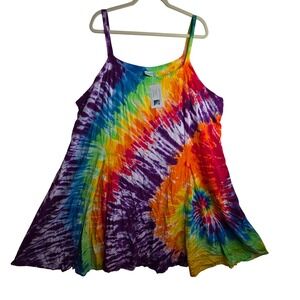 3XL Rainbow Tie Dye Sundress Rayon Spaghetti Strap Midi Dress CoverUp Artzy Rare